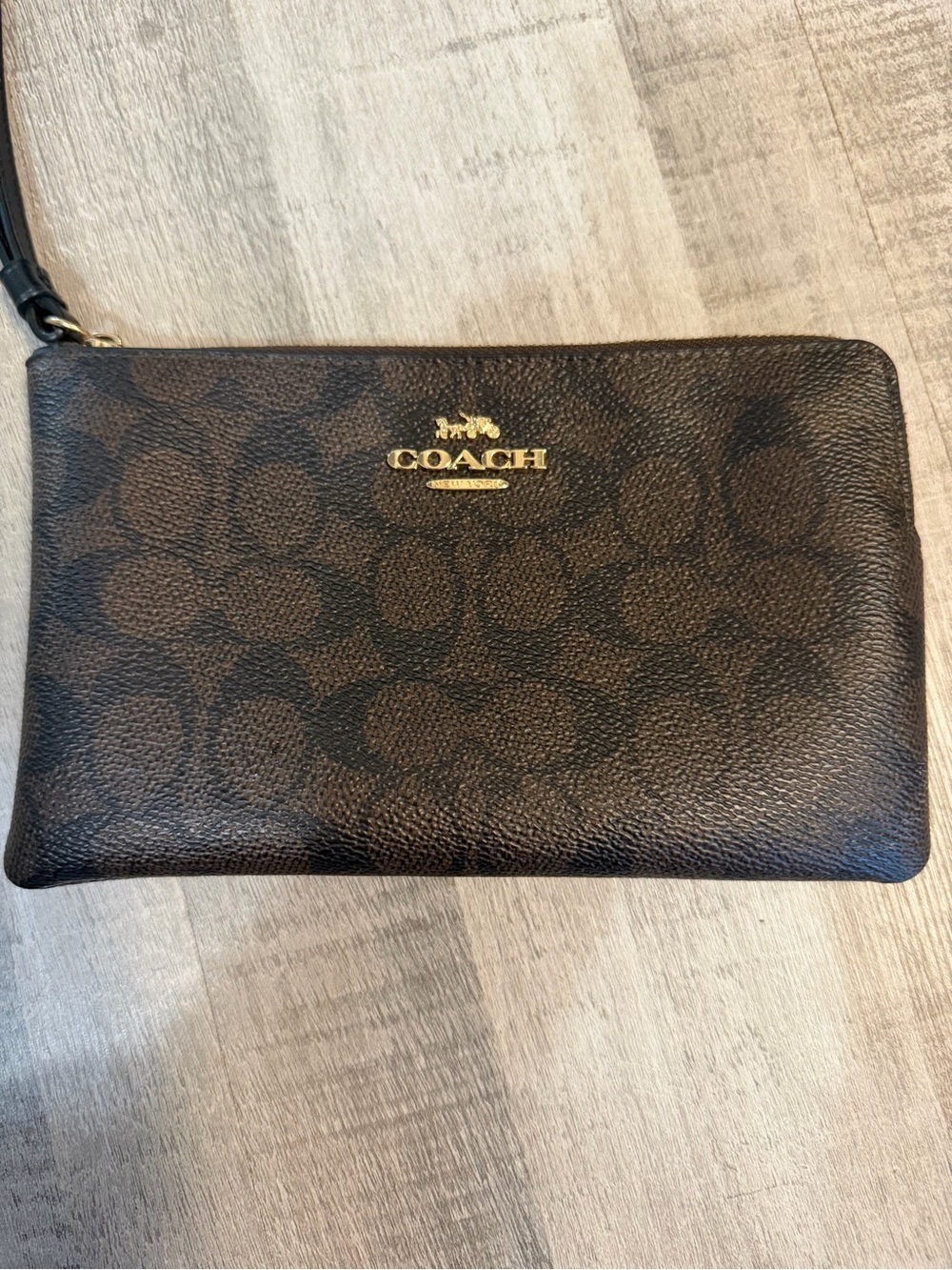 Coach Wristlet Brown Black Signature C Canvas Leather Zip Wallet 7.5”